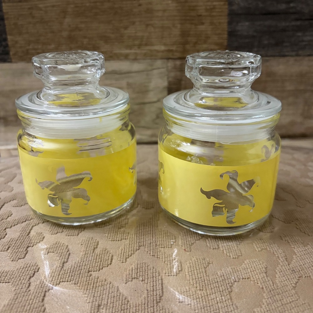 Set of 2 VTG Yellow Floral Glass Apothecary Jars Small Canisters with Lids